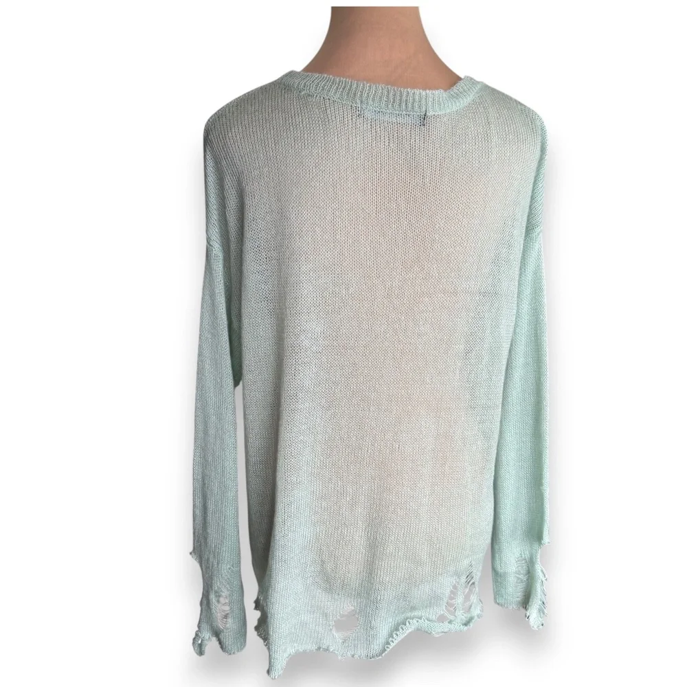 ROMWE mint distressed deer sweater sheer knit long sleeve